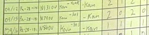 Three handwritten logbook lines dated 09/12, 09/15 and 09/16: a PA-28-181 from KOUN to KOUN, with KCHK and then 3O3 written small above the From box.